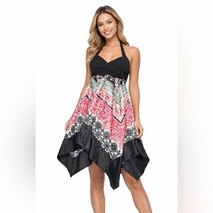 Le Château Halter Dress Small Black Pink Paisley Handkerchief Hem